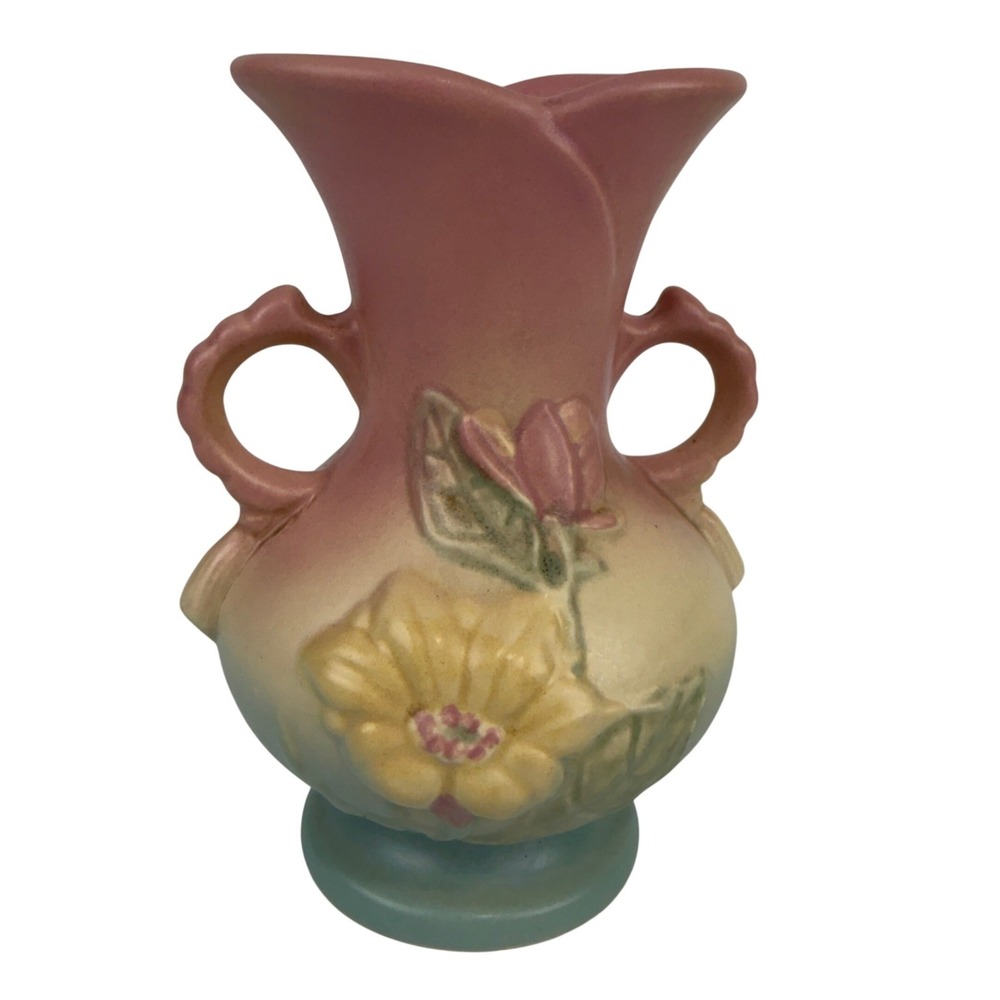 Vintage Double Handled Floral Art Pottery Vase Pink Yellow Green Matte 6.25"